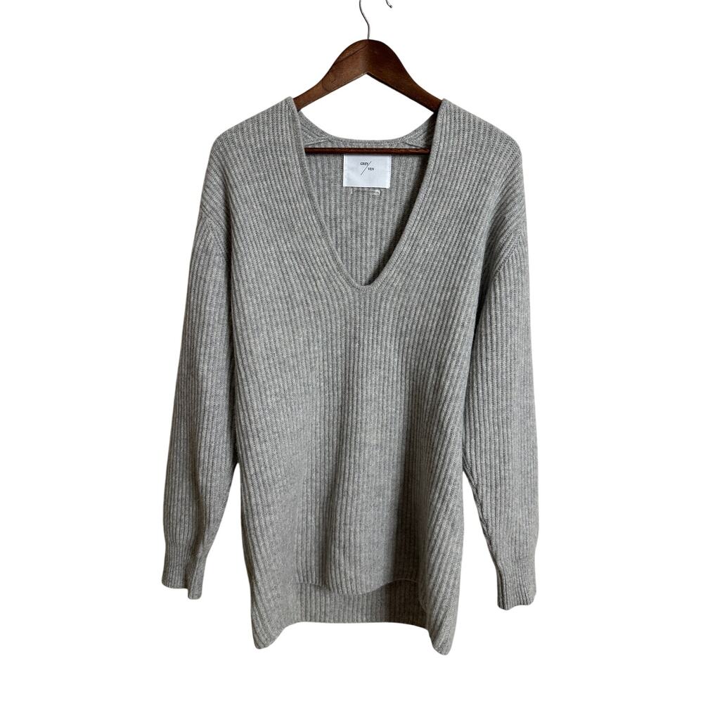GREY/VEN Pure Cashmere Deep V Ballet Back Rib Knit Sweater size S/M Gray